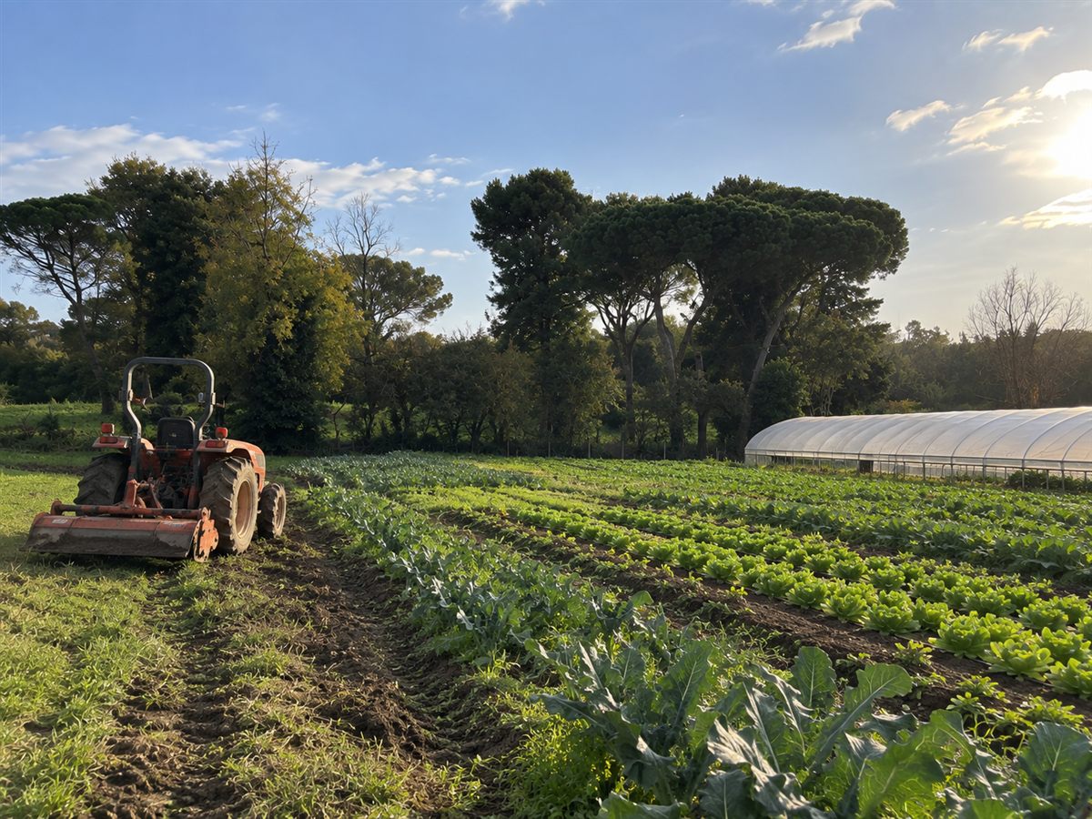 Trattore al lavoro tra i filari di ortaggi in pieno campo, con la serra sullo sfondo